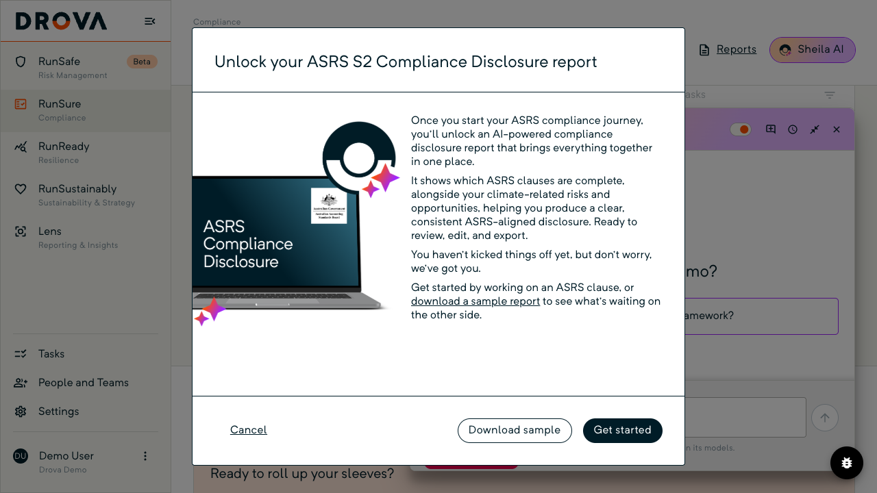 The ASRS S2 Compliance Disclosure report dialog in its unlock state with Download sample and Get started buttons.