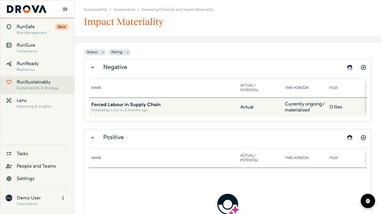 The Impact Materiality page in RunSustainably shows the Negative list with one actual impact, Forced Labour in Supply Chain, and an empty Positive list.