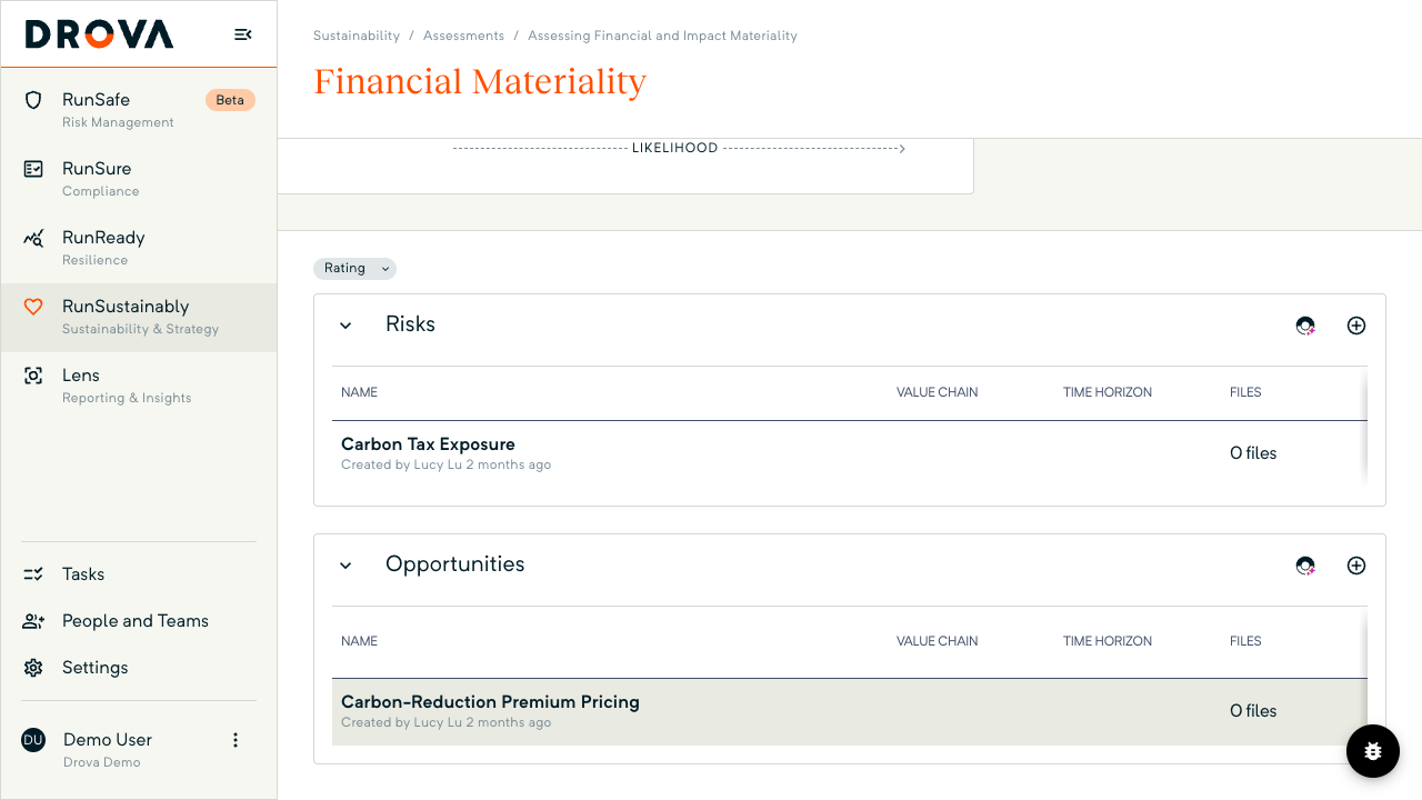 The Financial Materiality page in RunSustainably listing one risk and one opportunity recorded against an issue, with value chain, time horizon and files columns.