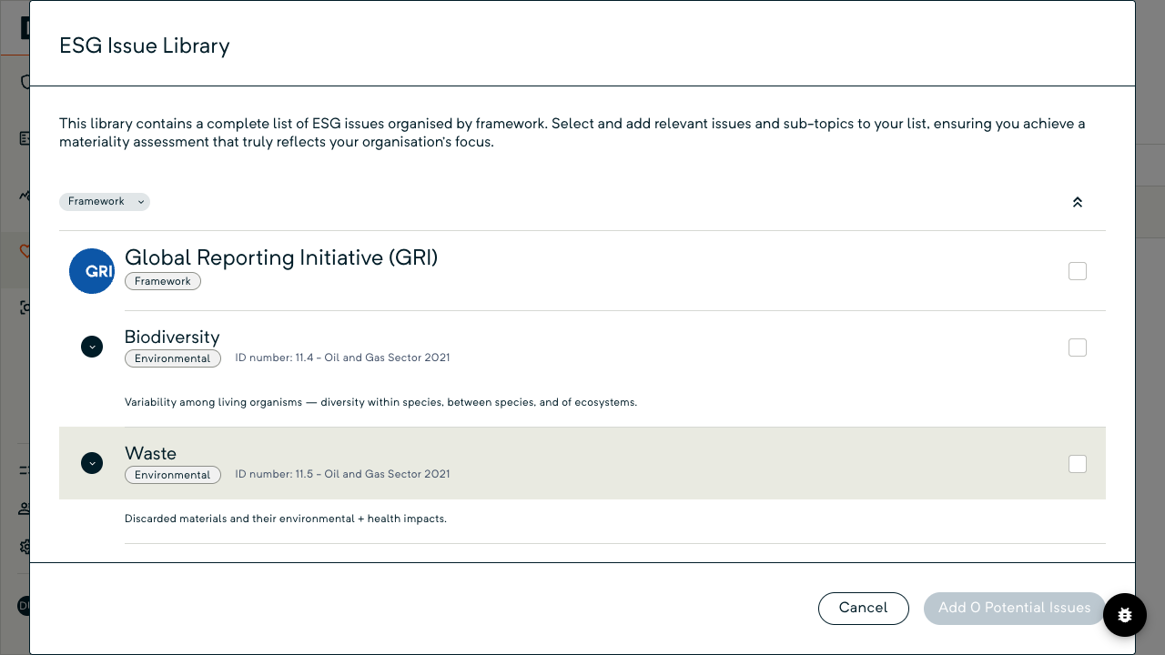 The issue library dialog lists GRI issues with tick boxes, and the Add 0 Potential Issues button is disabled before anything is ticked.