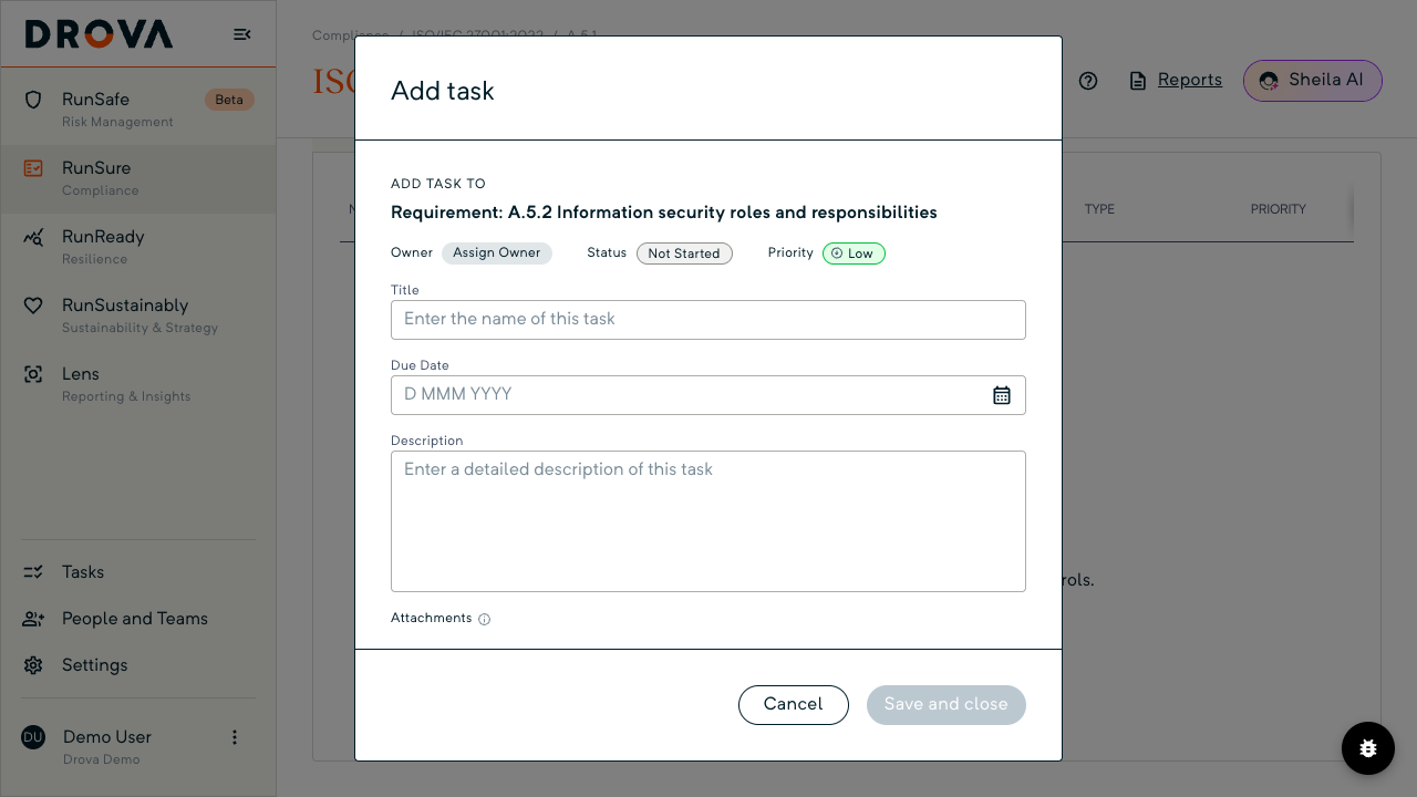The Add task dialog in RunSure, opened from a requirement, shows the Owner, Status and Priority presets above the Title, Due Date and Description fields.