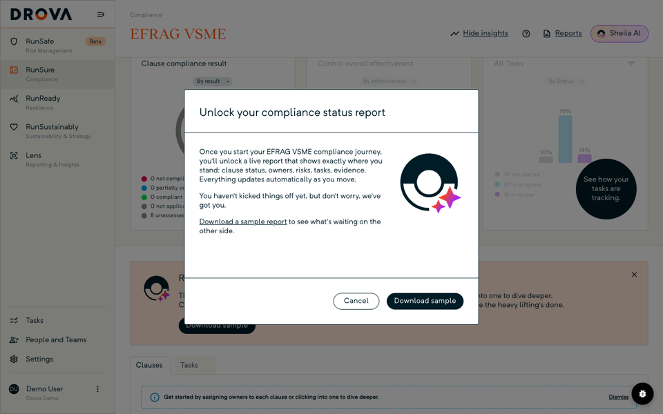 The Unlock your compliance status report dialog in RunSure, with the Download sample button.