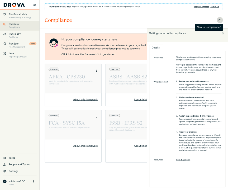 The RunSure Compliance page with the Getting started with compliance panel open over the framework card grid.
