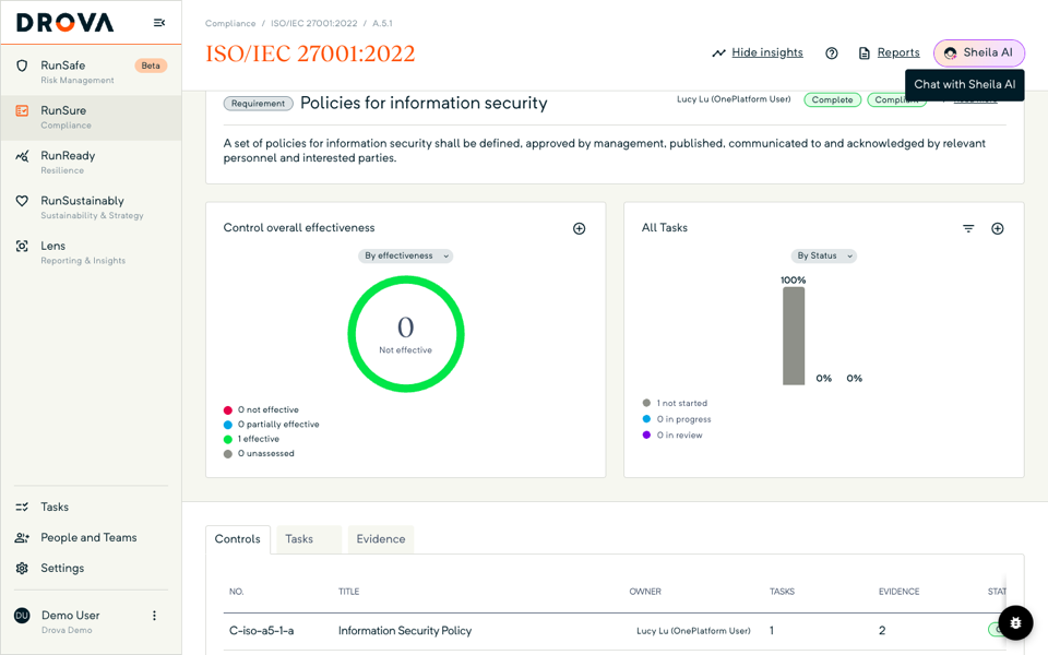 Requirement detail in RunSure with the Controls tab selected and one linked control