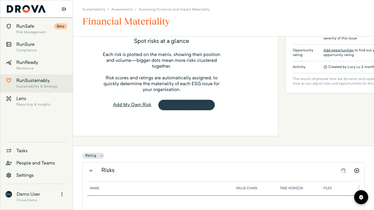 The Financial Materiality page while Sheila drafts risks, with the Add Risks with Sheila button showing its loading spinner and the Risks table still empty.