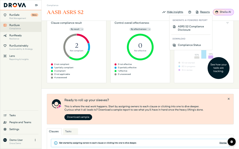 Reports menu open on the AASB ASRS S2 framework page showing the ASRS S2 Compliance Disclosure and Compliance Status items