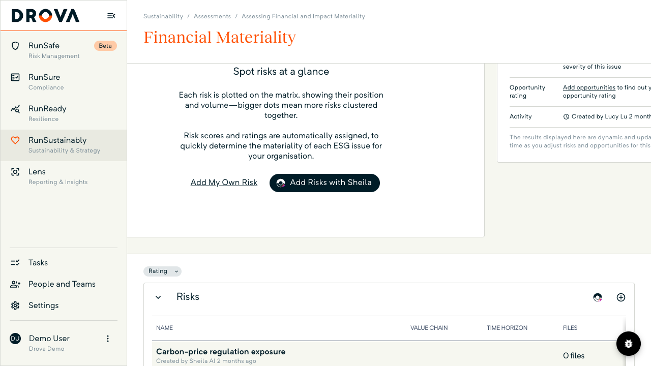 The Risks table on the Financial Materiality page showing a risk drafted by Sheila with the Created by Sheila AI attribution under its name.