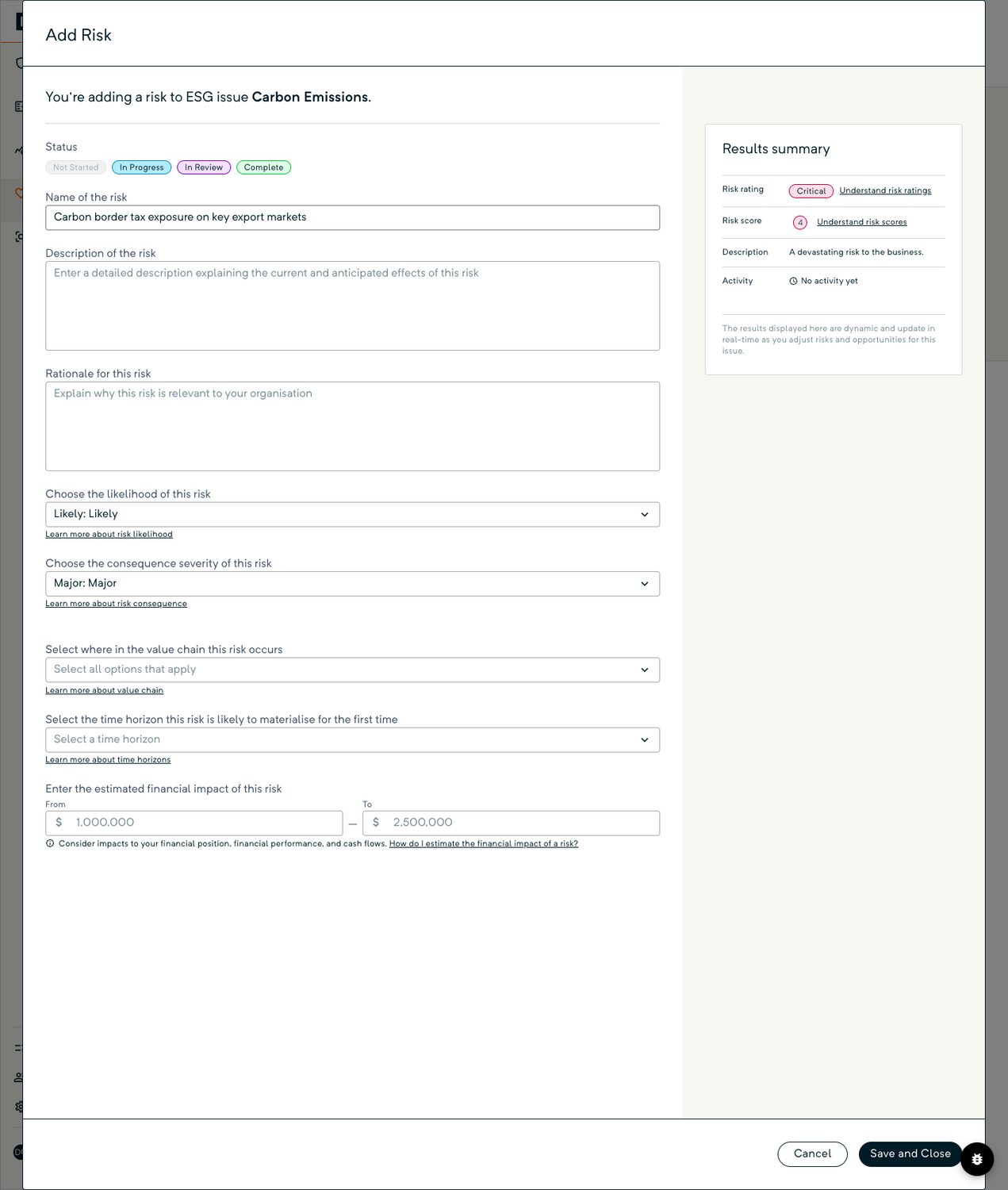 The Add Risk dialog in RunSustainably, with status, name, description, rationale, likelihood, consequence, value chain, time horizon and estimated financial impact fields beside a results summary card.