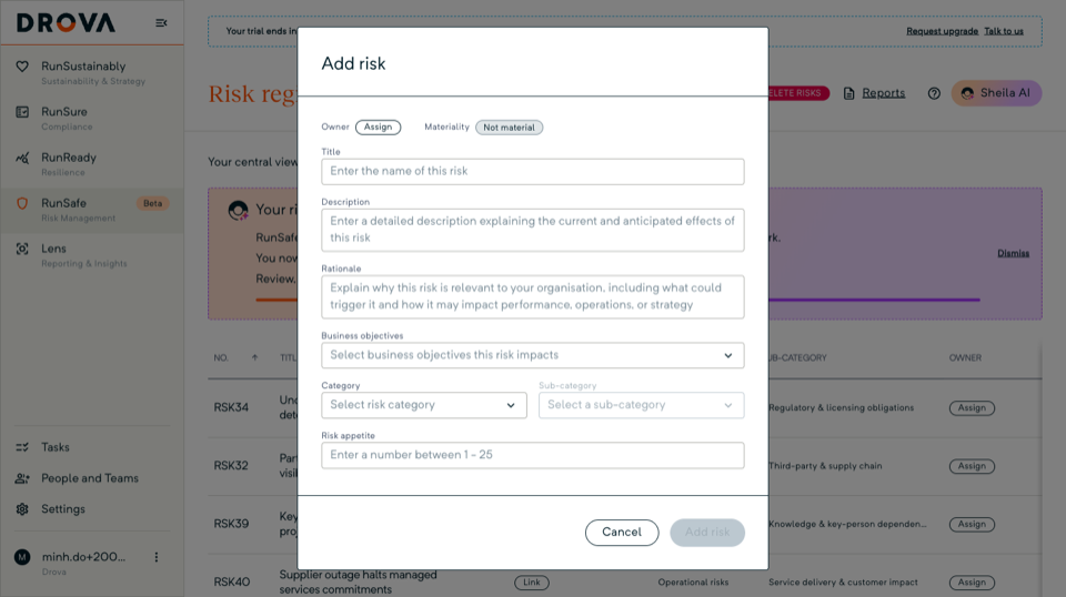 The Add risk dialog in RunSafe, showing the Owner, Materiality, Title, Category, Sub-category and Risk appetite fields.