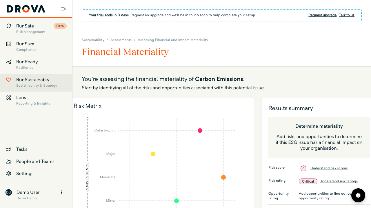 The Financial Materiality page in RunSustainably shows the Risk Matrix with four plotted risks and a Results summary reading Risk score 4 and Risk rating Critical.