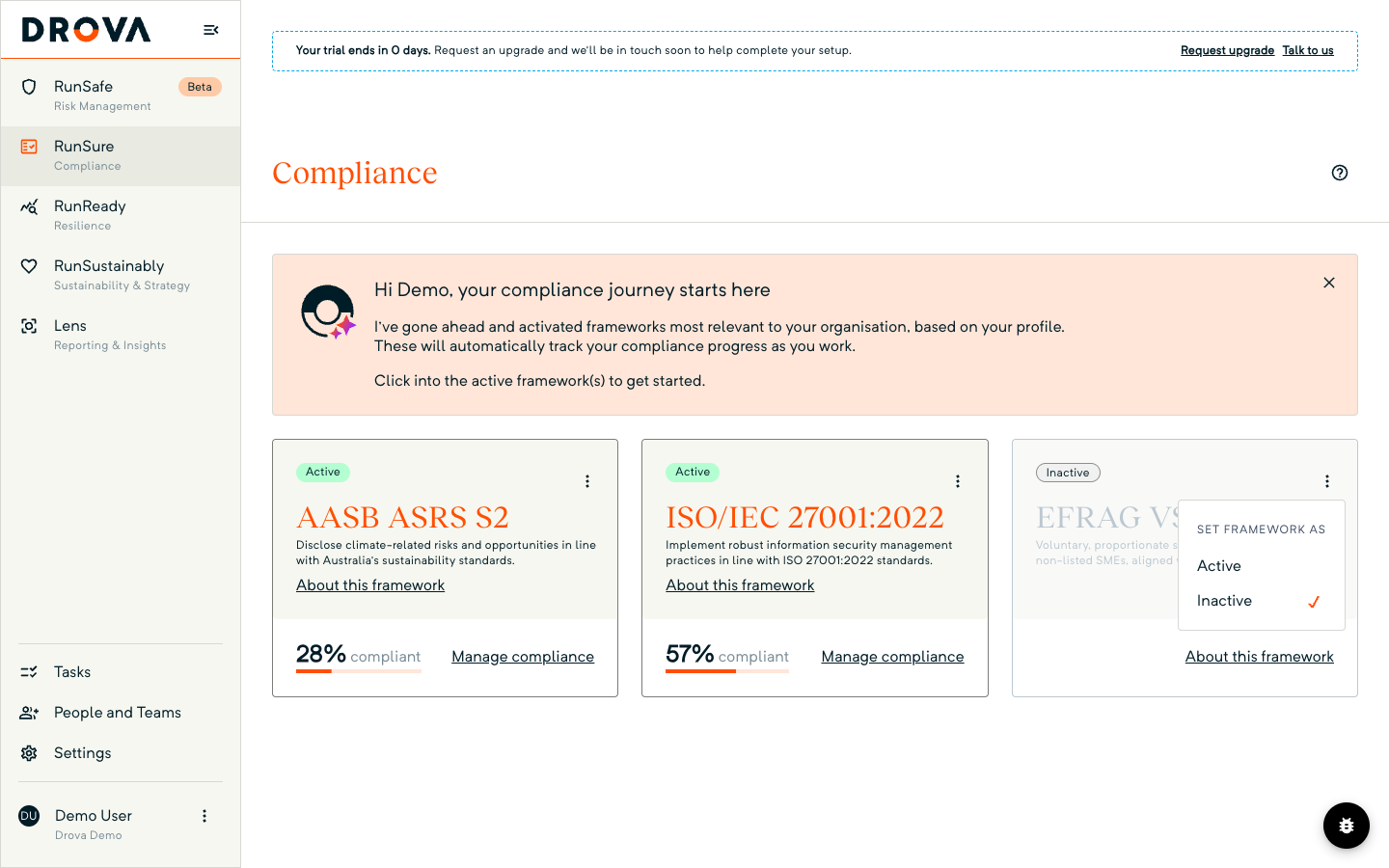 The RunSure Compliance page with the AASB ASRS S2 card active and the Set framework as menu open on another card.