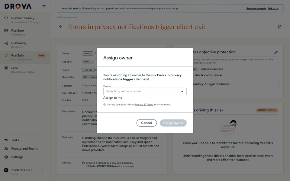 The Assign owner dialog shows a search-by-name-or-email field with an Assign to me link beneath it.