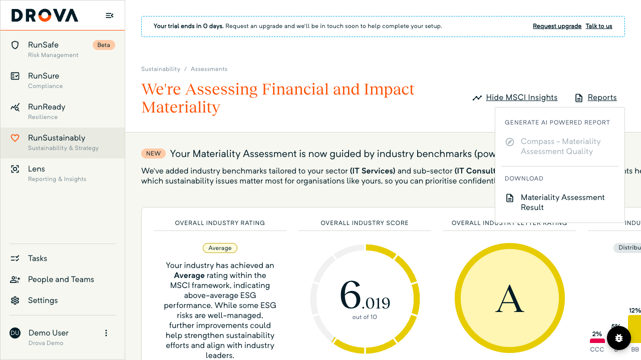 The Reports menu open on the RunSustainably assessments page, with Materiality Assessment Result under Download.