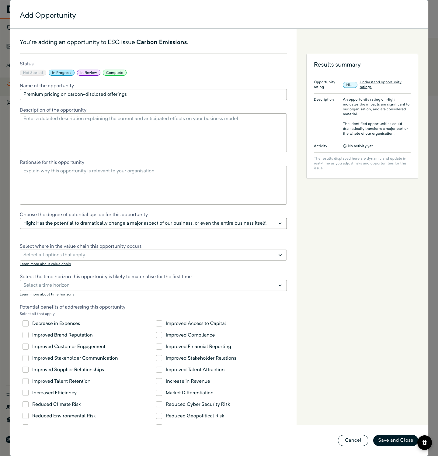 Add Opportunity dialog with the degree of potential upside set to High and the Results summary card on the right