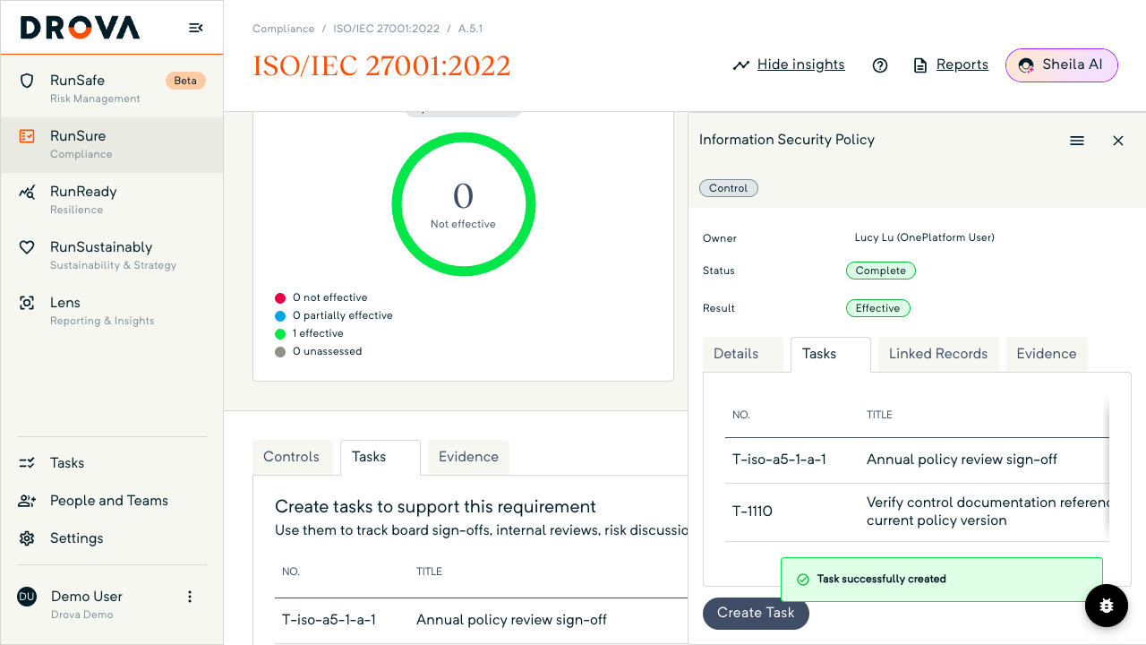 The control panel in RunSure, on its Tasks tab, lists a newly created task while the Task successfully created toast shows.