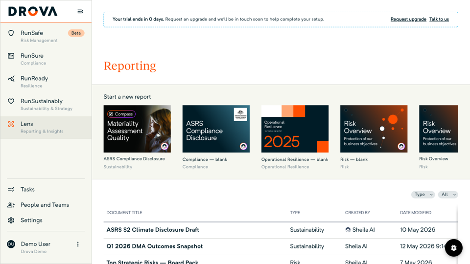The Reporting page lists generated reports below the Start a new report gallery, with Sheila AI shown as creator and the Type and All filters on the right.