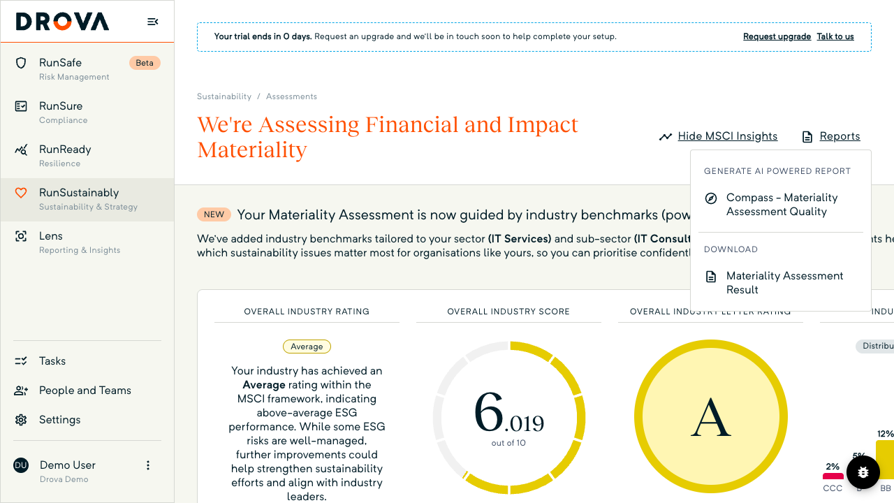 The Reports dropdown is open on the RunSustainably Assessments page, showing the Compass quality report under Generate AI Powered Report and the Materiality Assessment Result under Download.