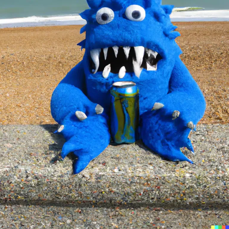 Zoekopdracht: A blue monsters holding a can of beer at the beach of Brighton