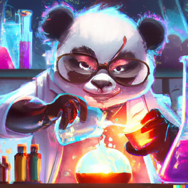 Zoekopdracht: A mad scientist panda mixing sparkling chemicals in digital art