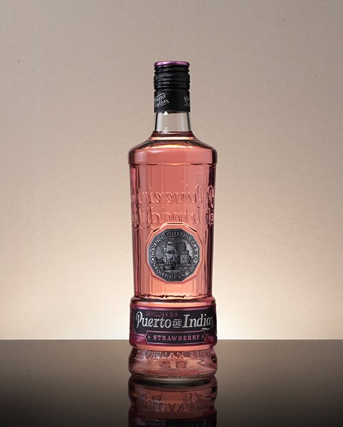 A bottle of Puerto de Indias Strawberry Gin