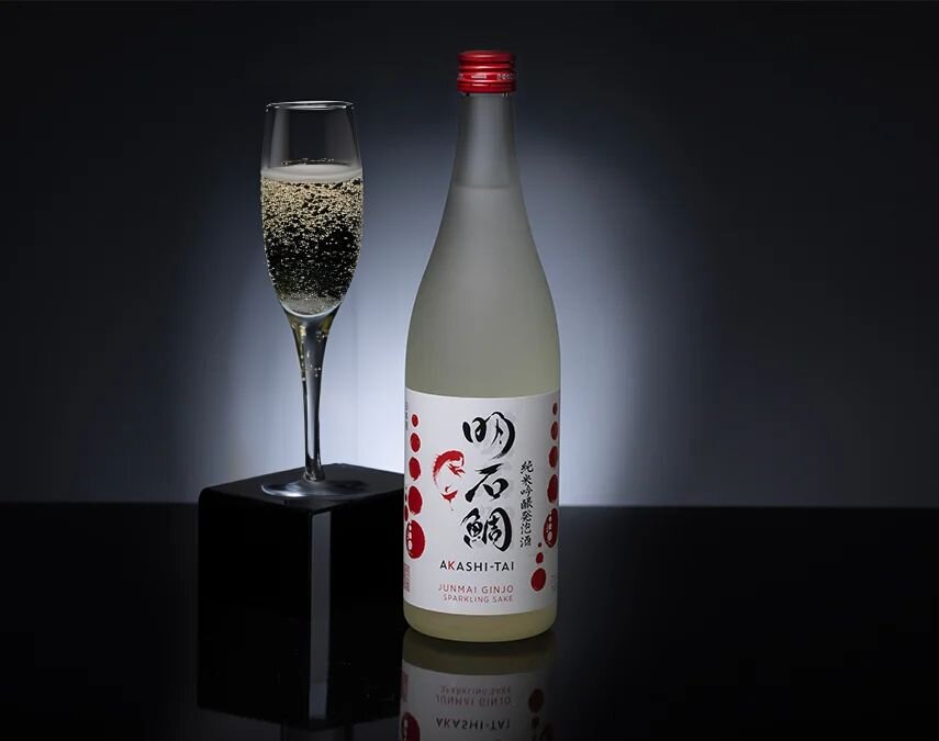 A bottle of Akashi-Tai Junmai Ginjo Sparkling.