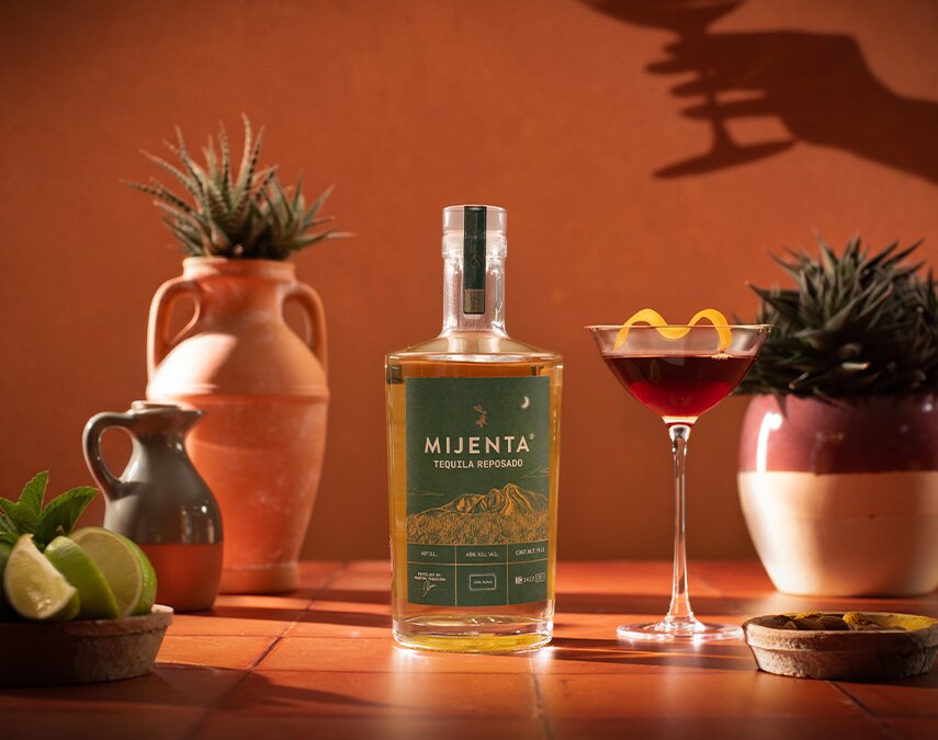 A bottle of Mijenta Tequila Reposado.