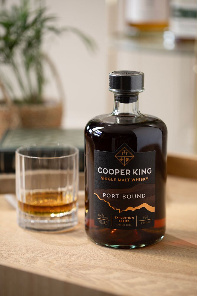 Cooper King Port-Bound Single Malt Expedition Series Spring 2026 whisky bottle with tasting glass