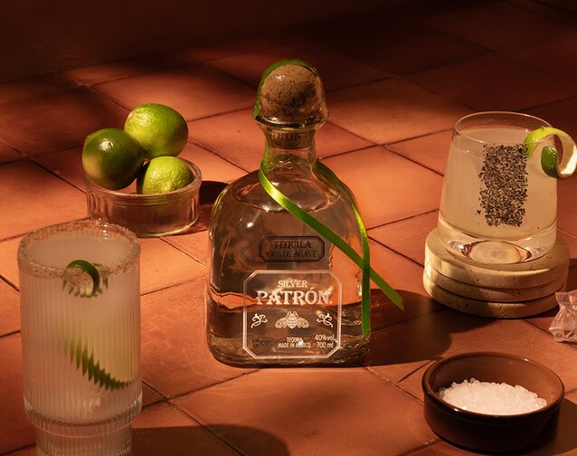 A bottle of Patrón Silver Tequila.