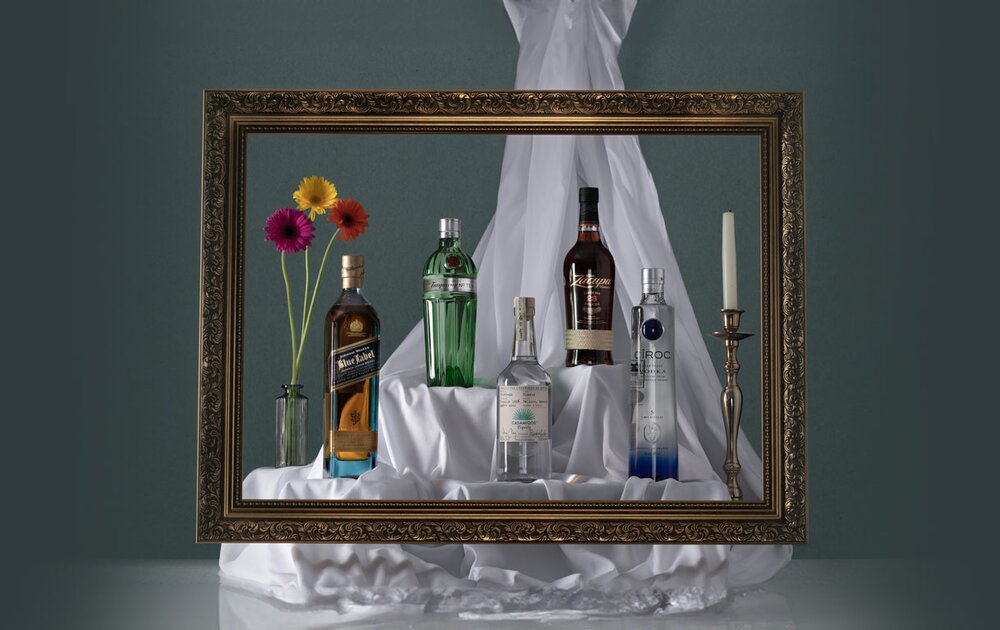 Bottles of Johnnie Walker Blue, Tanqueray Gin, Casamigos Tequila, Ron Zacappa Rum & Ciroc Vodka.