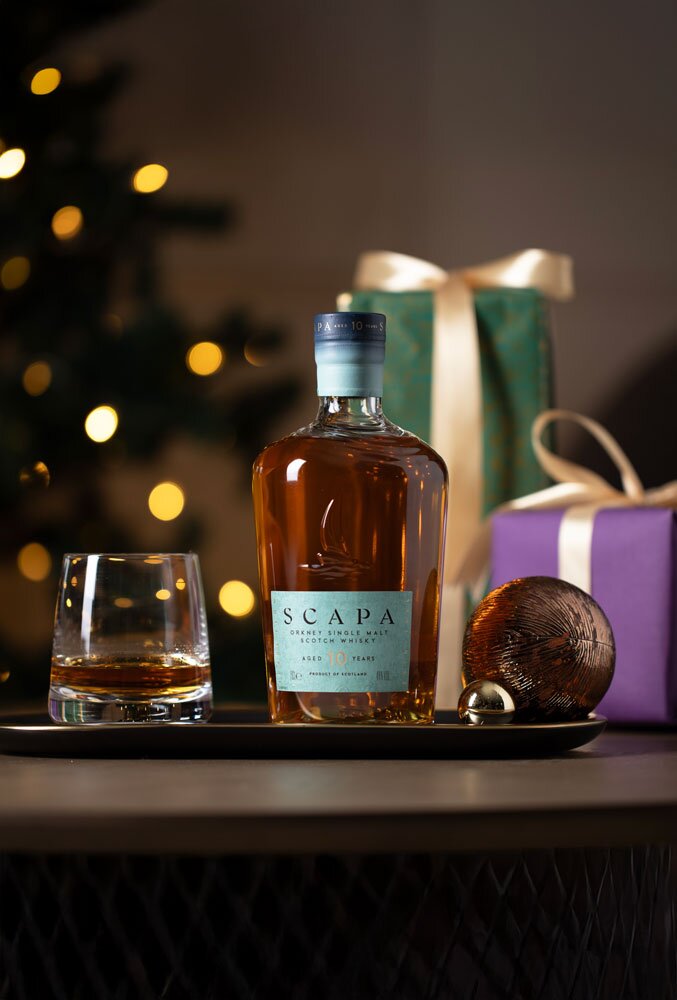 Scapa 10 Year Old whisky bottle with Christmas background