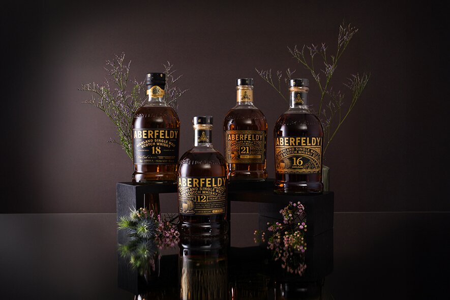 Bottles of Aberfeldy 12, 16, 18 and 21 year old whisky.