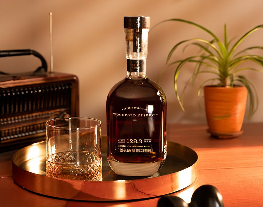 A bottle of Woodford 128.3 Proof MoM Exclusive