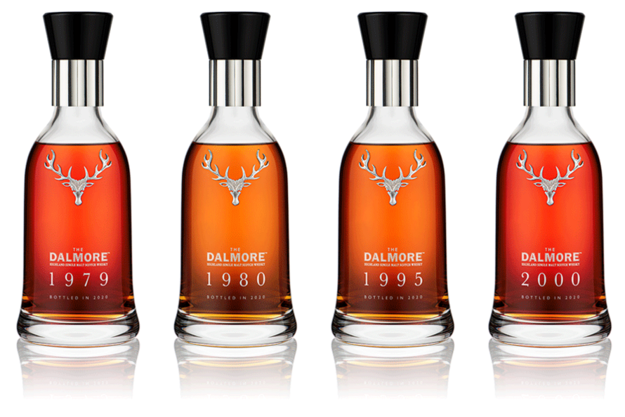 1979, 1980 1995 and 2000 vintage Dalmore Decades whisky bottles