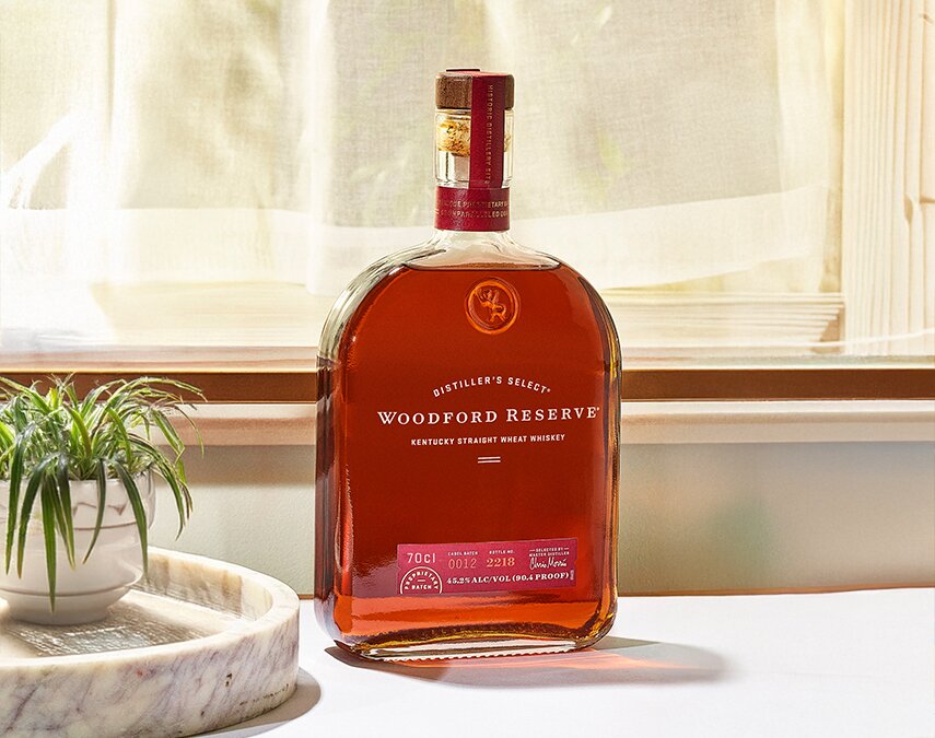 A bottle of Woodford Reserve Kentucky Straight Wheat Whiskey