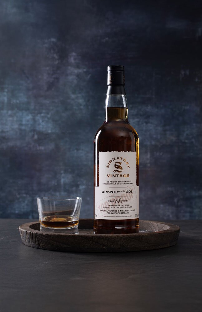 Orkney (HP) 14 Year Old 2011 - 100 Proof Edition #58 (Signatory) whisky bottle with glass