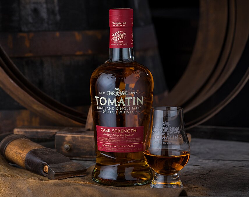 A bottle of Tomatin Cask Strength Bourbon & Sherry Casks