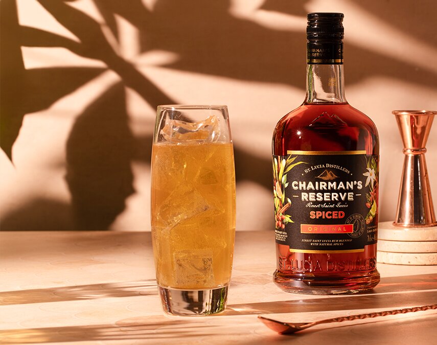 A Chairman's & Ginger cocktail made with Chairman's Reserve Spiced Rum.
