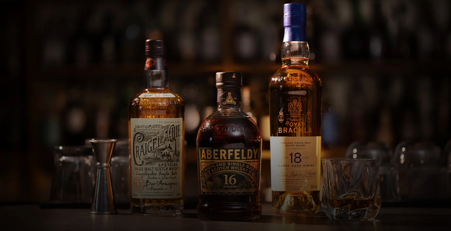 Botttles of Aberfeldy, Royal Brackla and Craigellachie Whisky.