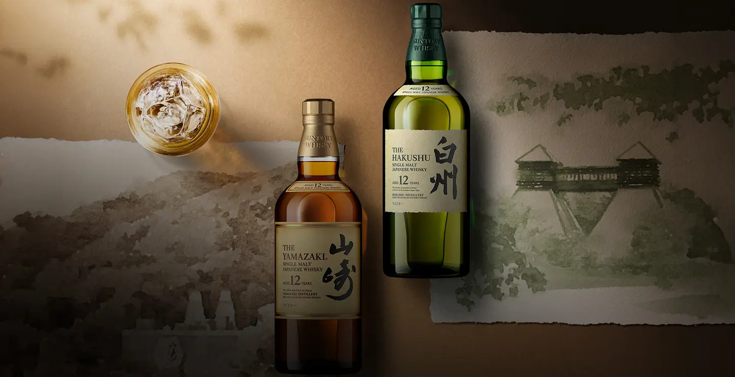 Bottles of Yamazaki 12 and Hakushu 12 whisky.