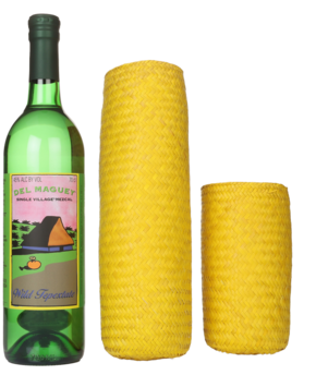 A bottle of Del Maguey Mezcal Wild Tepextate and its free gift bottle sleeve.
