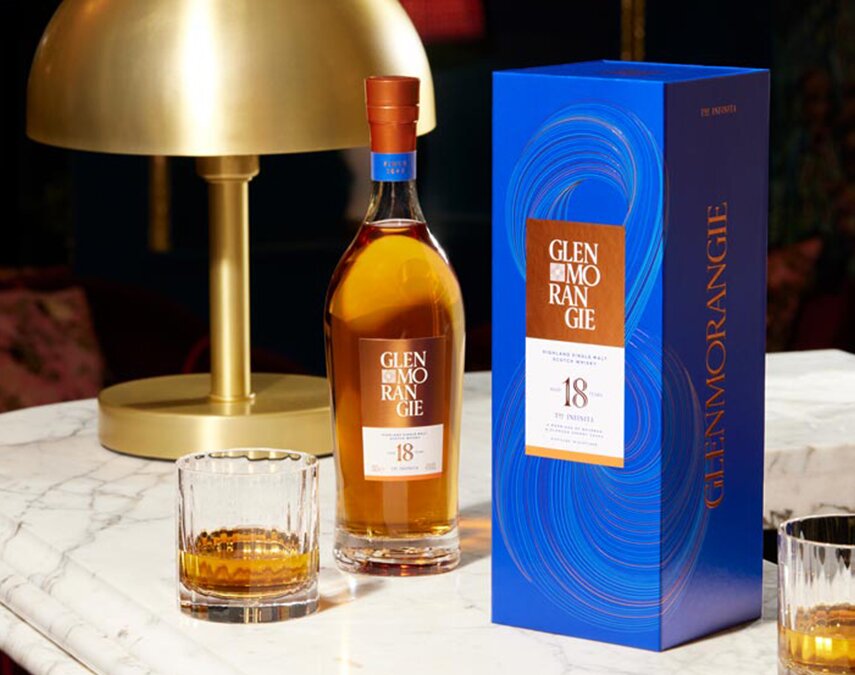 A bottle of Glenmorangie 18 Year Old The Infinita and presentation box.