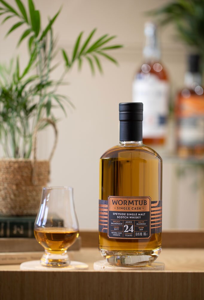 Balmenach 24 Year Old Wormtub Single Cask whisky bottle with Glencairn glass