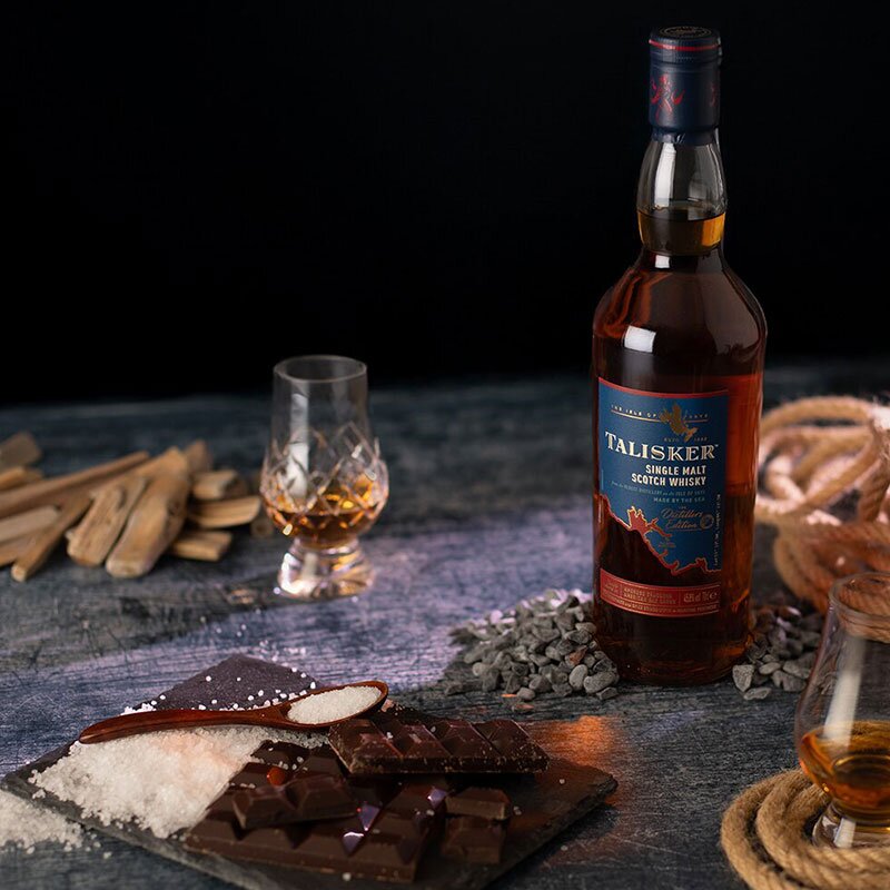 A bottle of Talisker Distillers Edition with sea salt chocolate