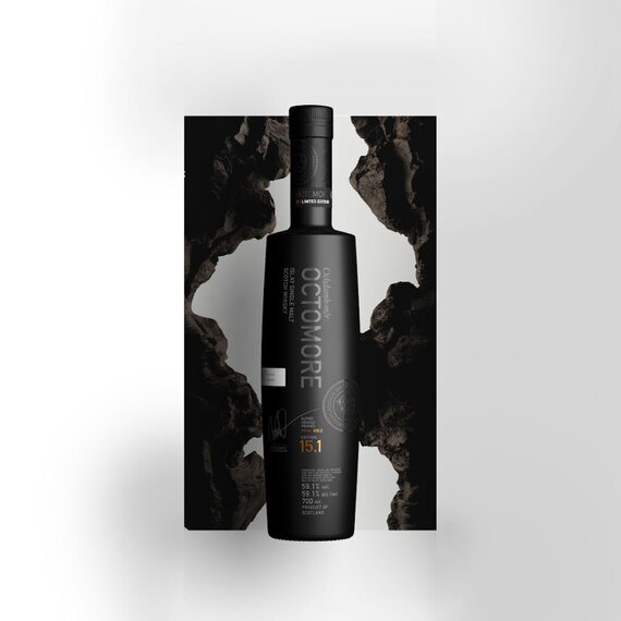 A bottle of Octomore 15.1 against a peat background in the shape of a square.