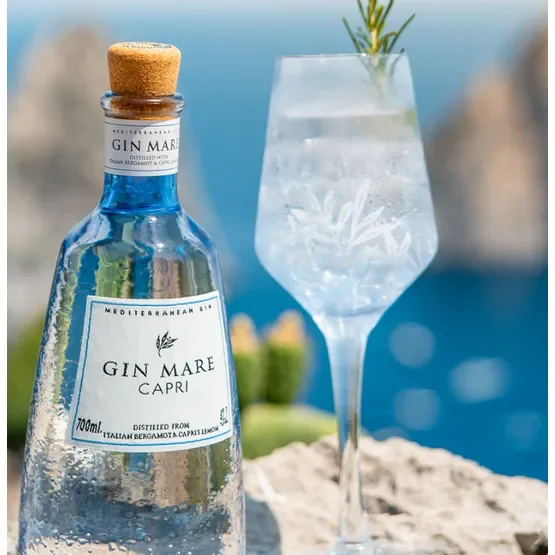 A bottle of Gin Mare Capri and a chilled glass