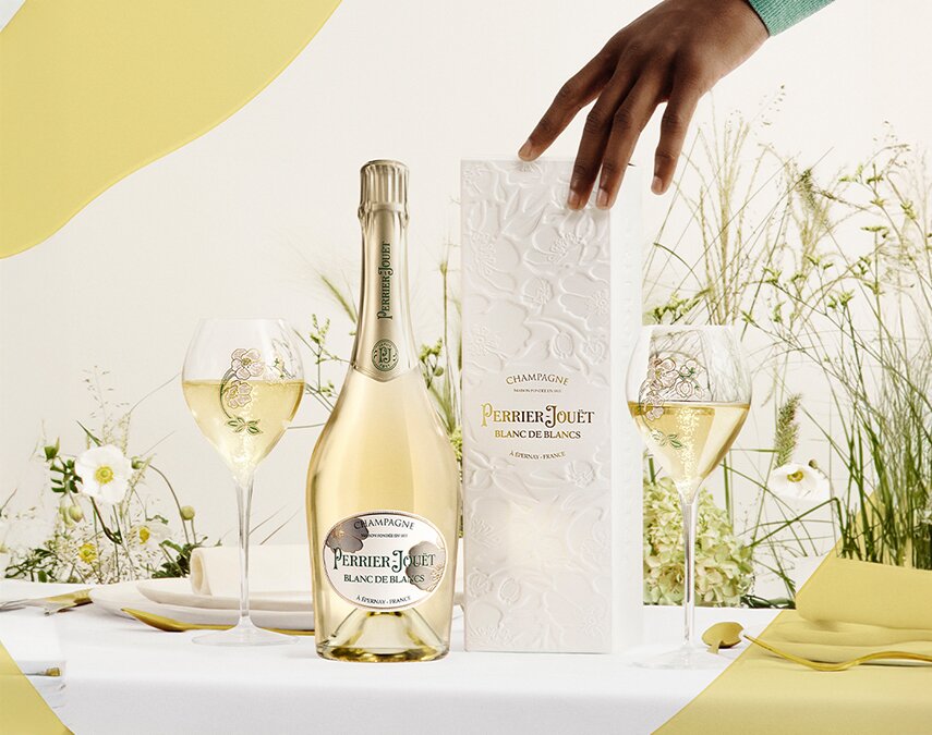 A bottle of Perrier-Jouët Blanc de Blancs.