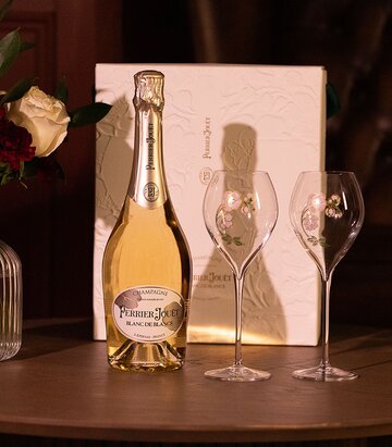 A bottle of Perrier-Jouët Blanc de Blancs Gift Pack with 2x Glasses