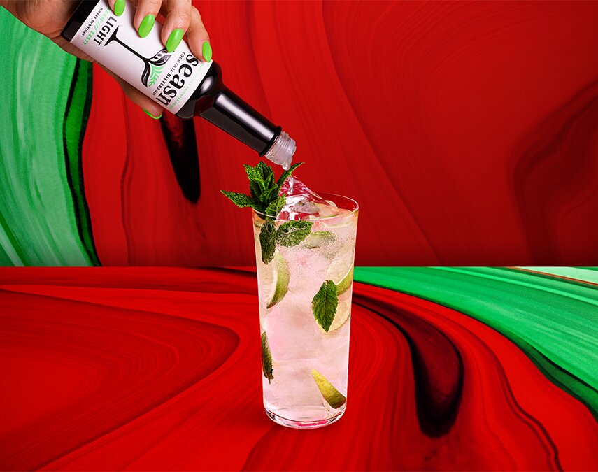 A NOjito cocktail with seasn and Pentire.