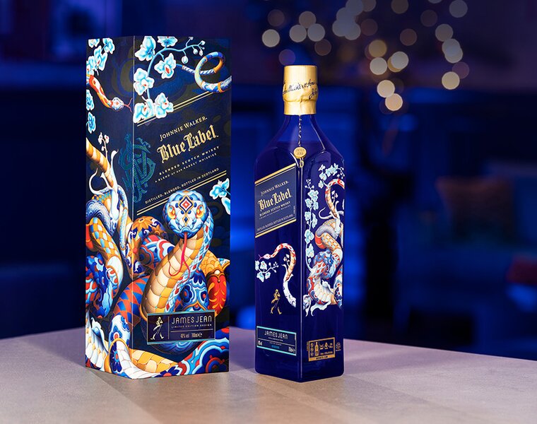 A bottle of Johnnie Walker Blue Label - Year of the Snake Limited Edition Whisky with presentation box.