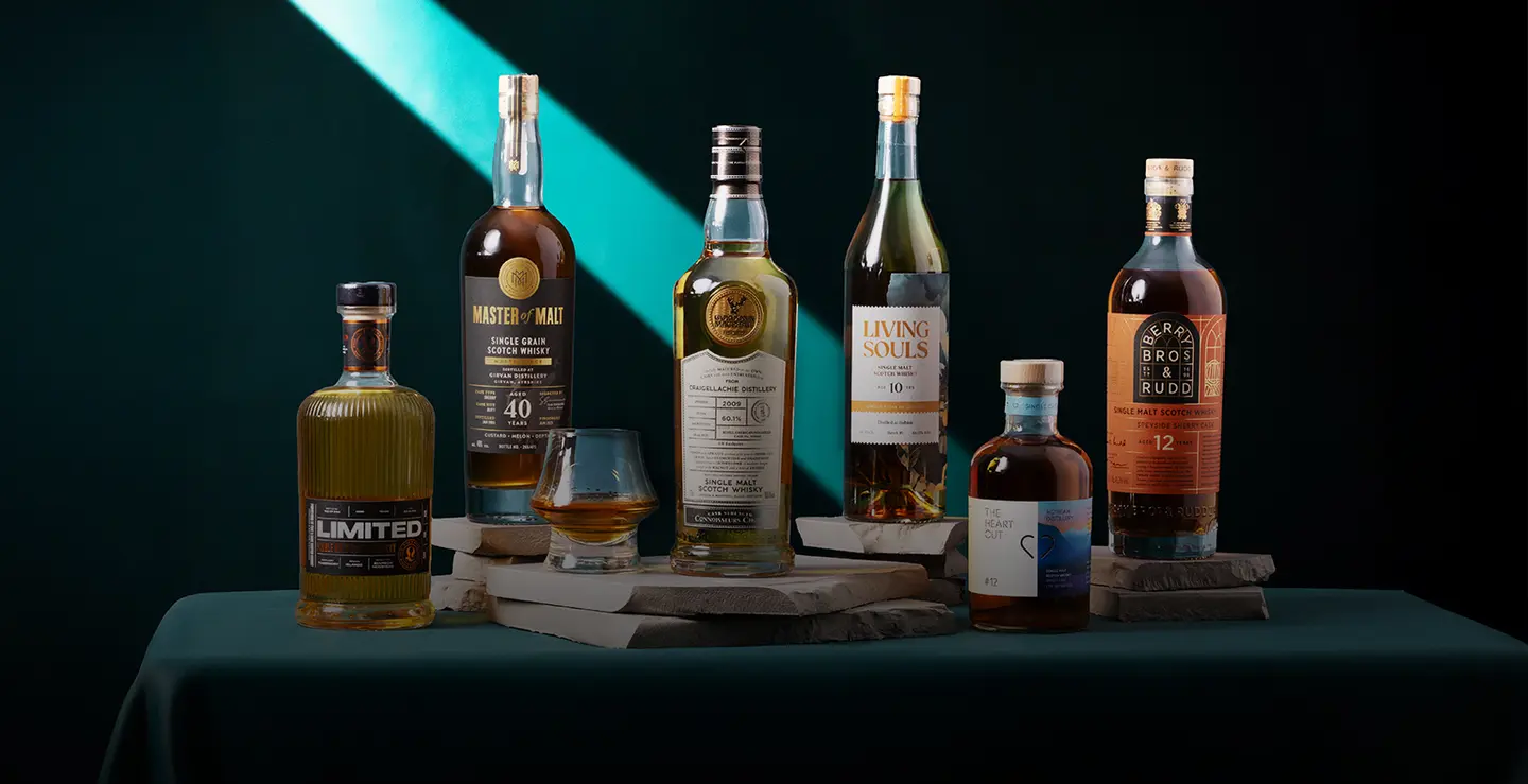 Six bottles of whisky against a teal background